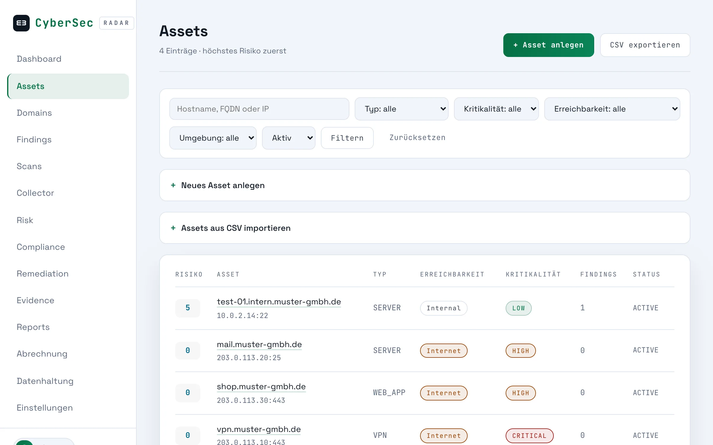 Die Asset-Liste in RADAR mit Typ, Kritikalität, Erreichbarkeit und Umgebung.