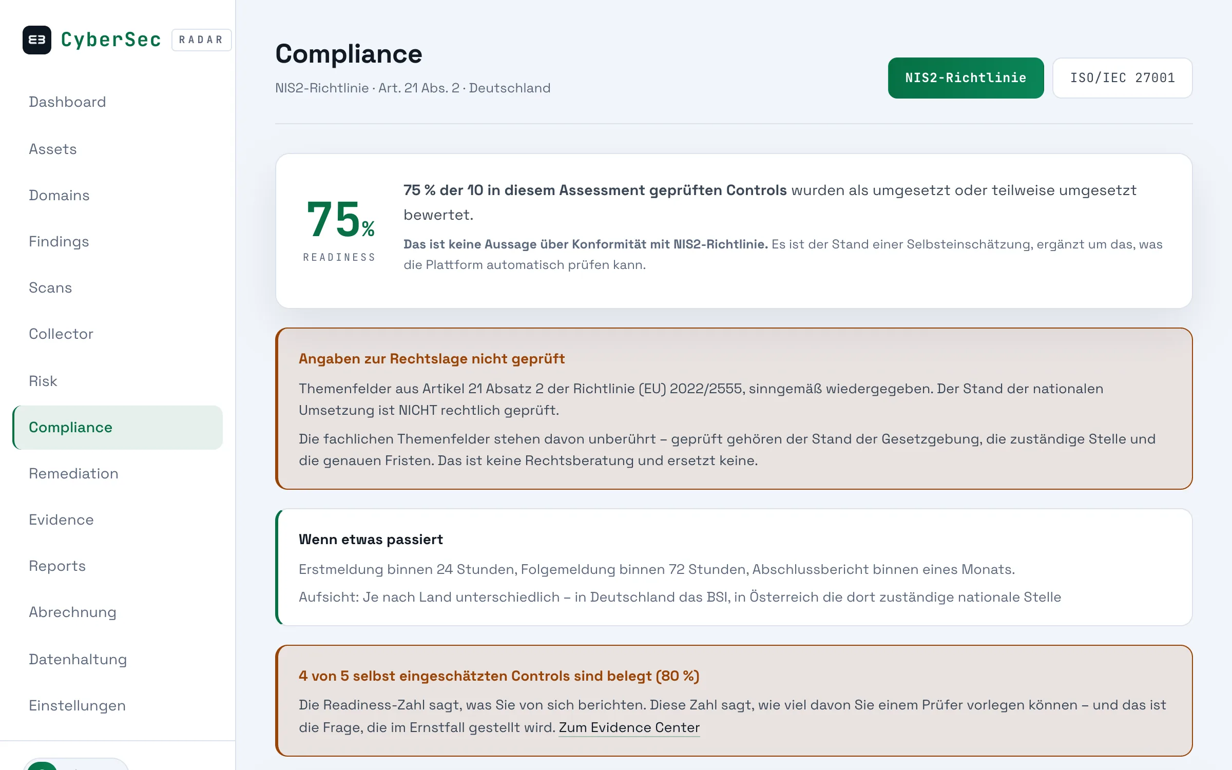 Die Compliance-Seite in RADAR mit Readiness-Wert und ausdrücklichen Hinweisen, was die Zahl nicht aussagt.