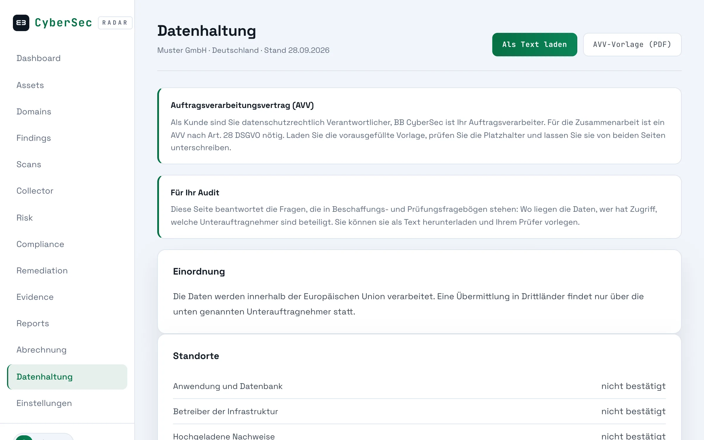 Die Datenhaltungs-Auskunft in RADAR mit Standorten, Aufbewahrung und Unterauftragnehmern.