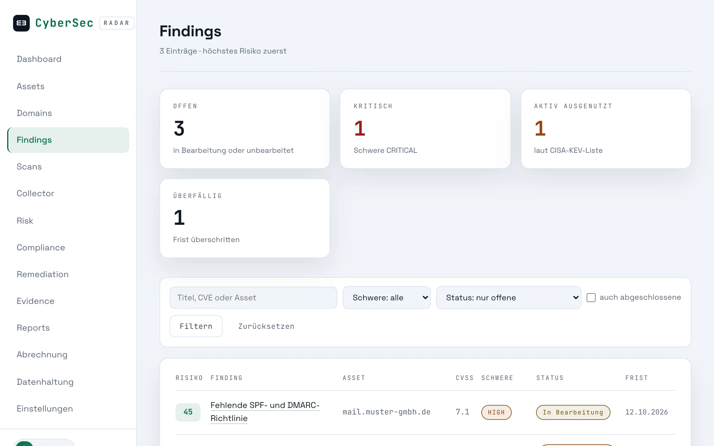 Die Findings-Liste in RADAR mit Schweregrad, Risikowert und betroffenem System.