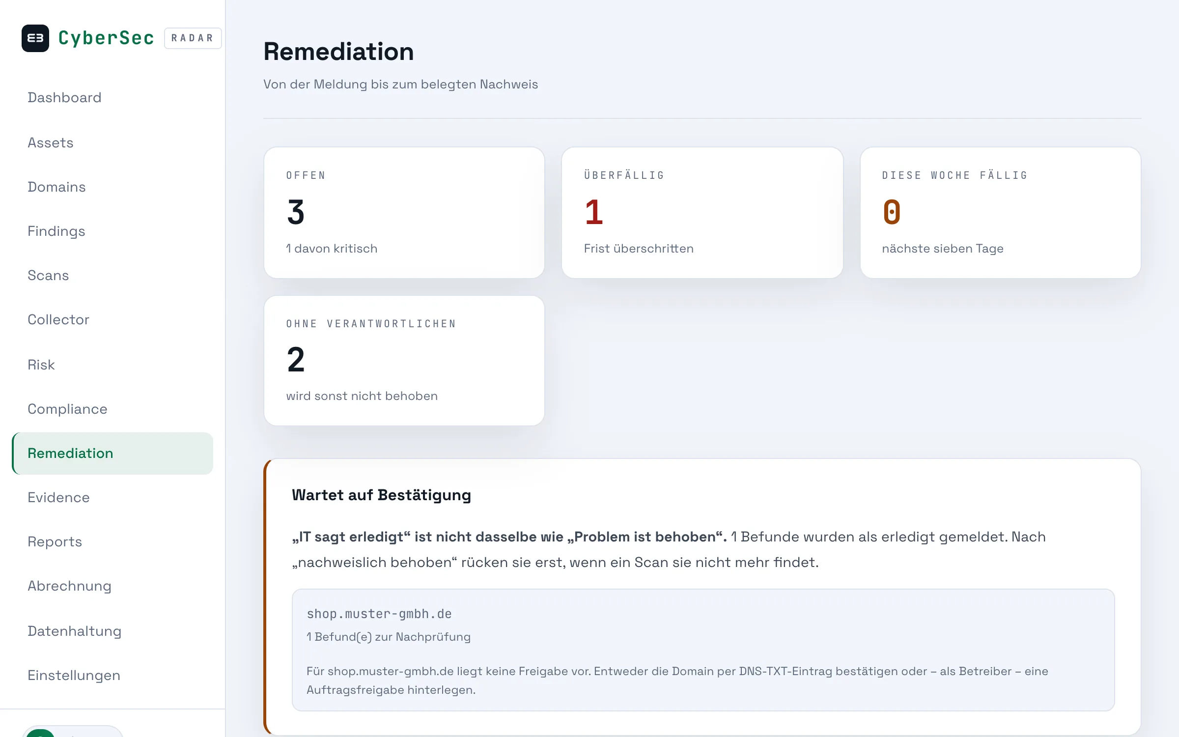 Das Remediation-Board in RADAR mit den Zuständen von offen bis nachgeprüft.